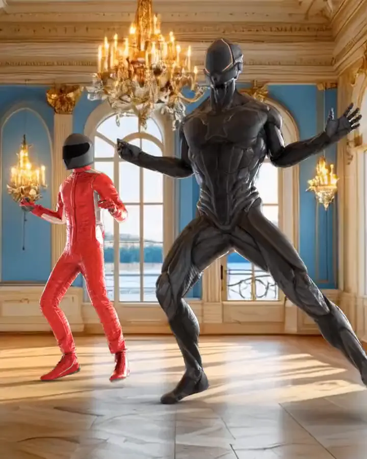 Two animated dancers, one in a red racing suit and one in dark armour, dancing in a sunlit palace ballroom.